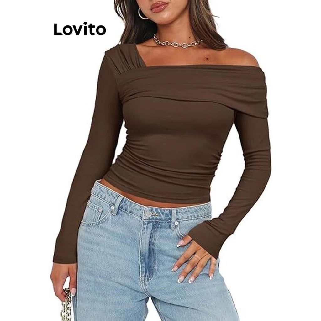 Lovito Blusa Feminina Manga Comprida Assimétrica TSNS56BX321 em Oferta na Shopee