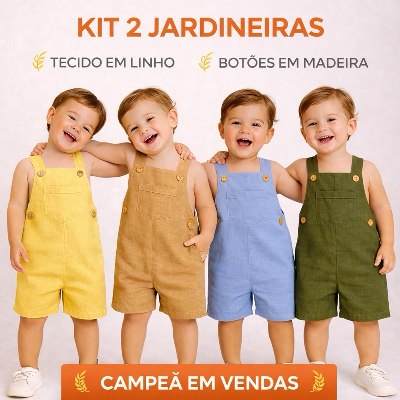 Kit 2 Jardineiras Infantil Menino em Linho | Macacão bebê veste 6 meses a 4 anos