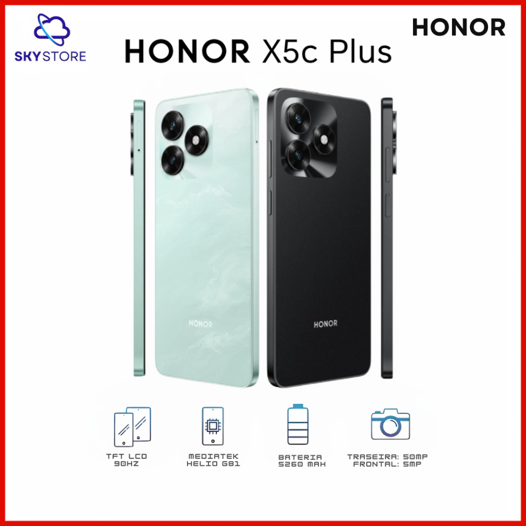 Honor X5c Plus 4G, Câmera 50MP, Versão Global, Bateria 5620mAh, 256GB Armazenamento 4GB RAM,