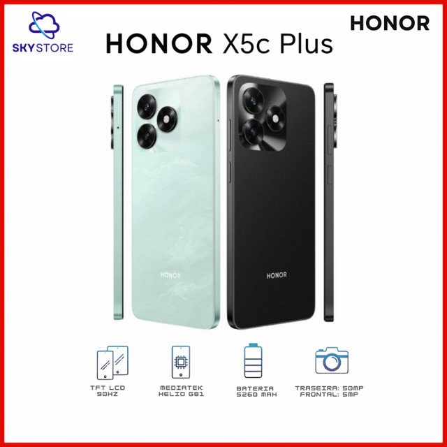 Honor X5c Plus 4G, Câmera 50MP, Versão Global, Bateria 5620mAh, 256GB Armazenamento 4GB RAM