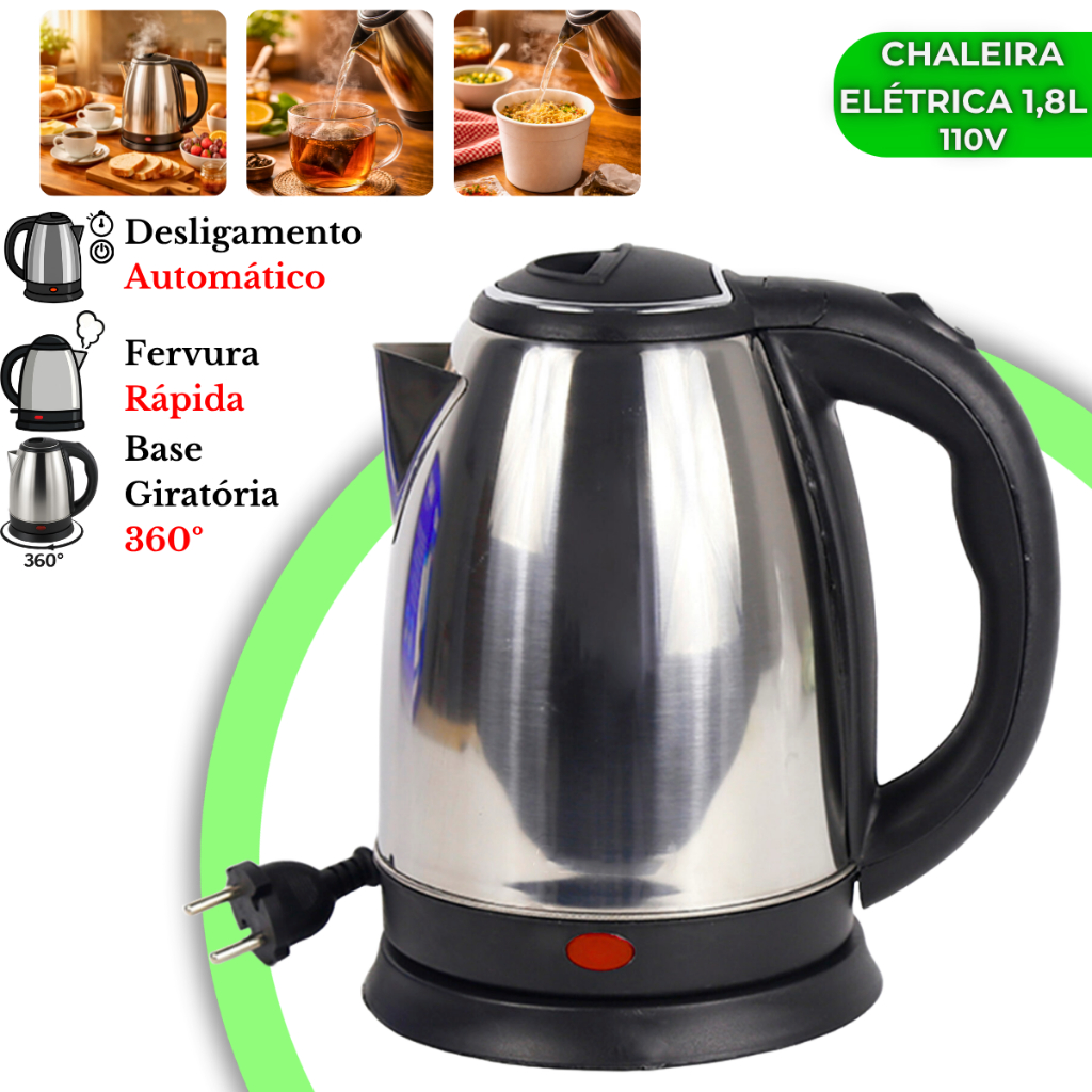 Chaleira Elétrica Térmica Aço Inox Com Tampa 1.8L Jarra Bule Café Chá Desligamento Automático