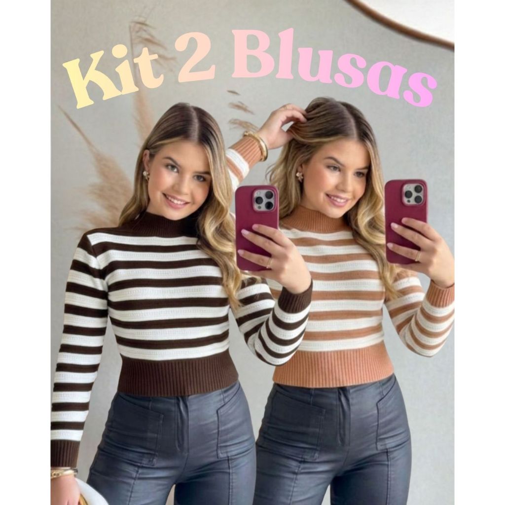 Kit 2 Blusas Cropped Listradas Femininas Barra Canelada Tricô Gola Alta Simples Tricot Moda Inverno