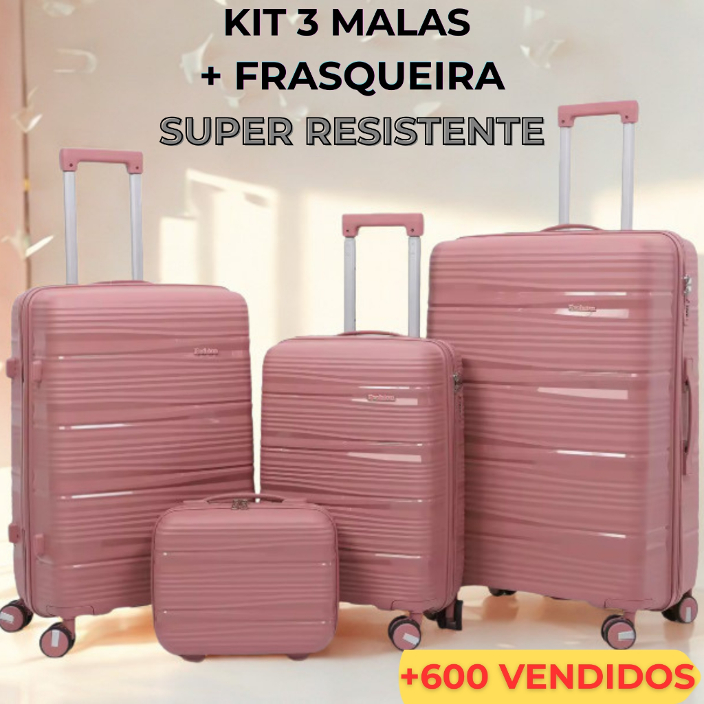 Kit Mala Viagem 3 Peças Premium Grande Média Pequena + Frasqueira Polipropileno