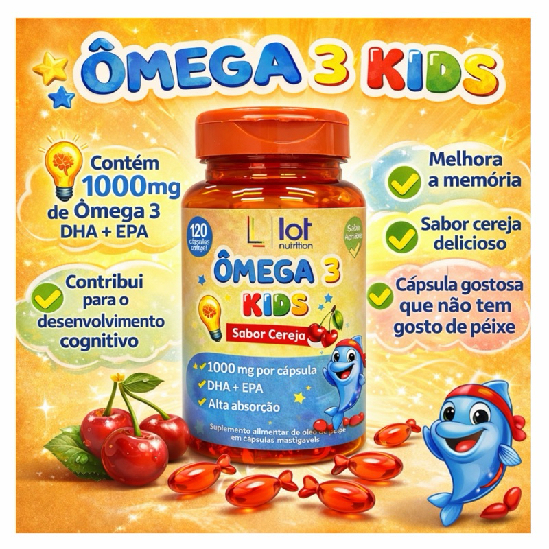 Ômega 3 Kids Sabor Cereja 120 Cápsulas DHA EPA Infantil Cérebro Imunidade