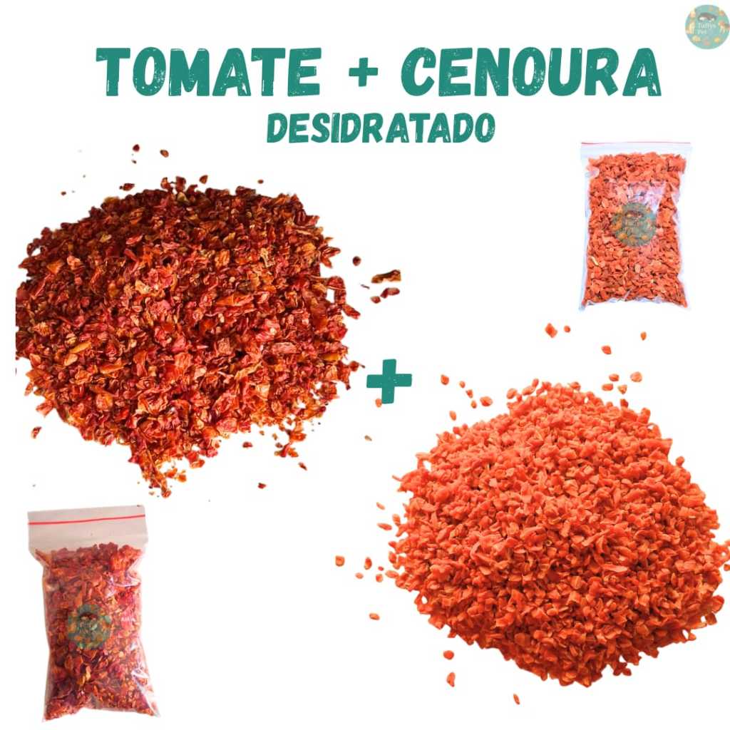 Tomate + Cenoura desidratado flocos, petisco, roedores, hamster, porquinho da índia, coelhos