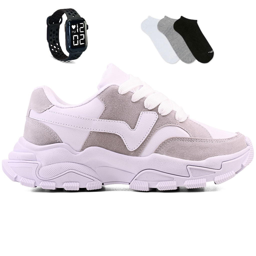 Tenis Feminino + Smart Watch + Meia Casual Couro Esportivo Lançamento Novo