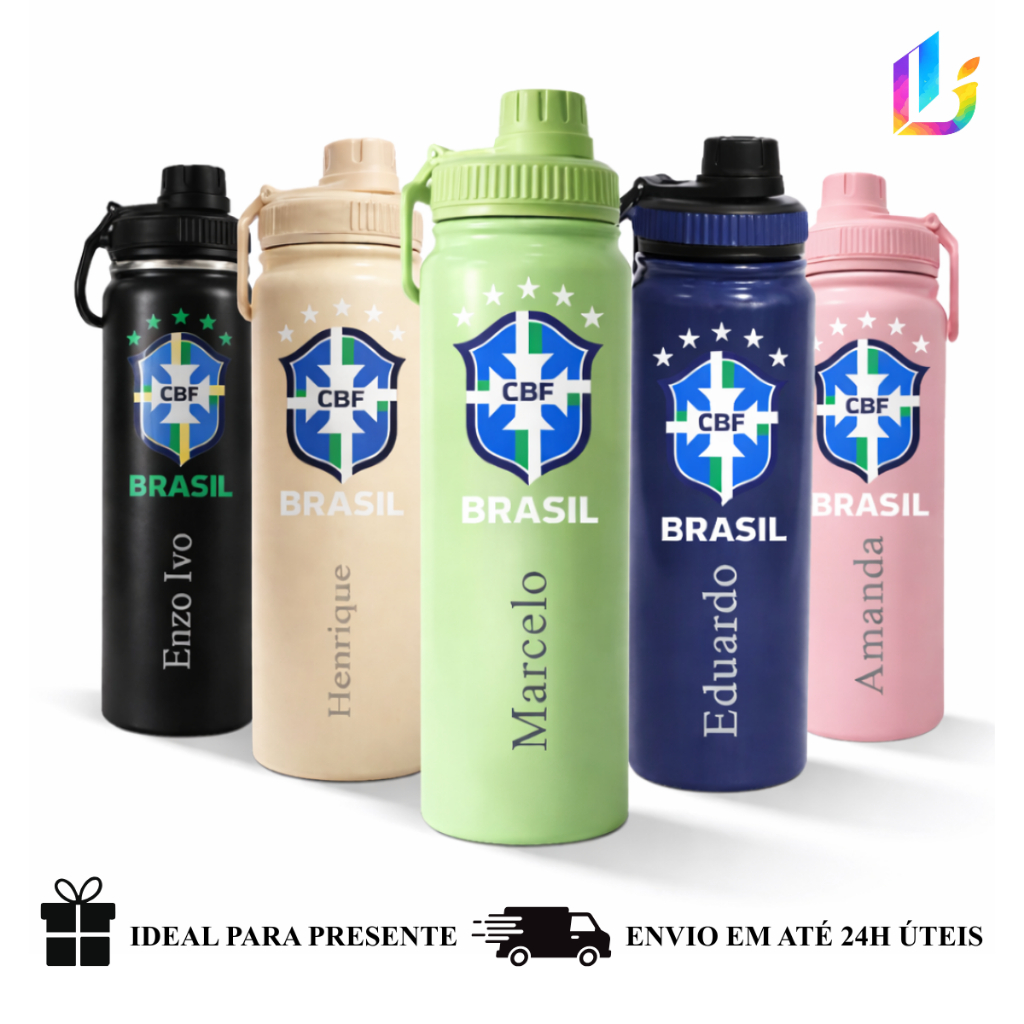 Garrafa Térmica Inox 800ml Personalizada BRASIL Copa - Presente Torcedor/Futebol Brasil