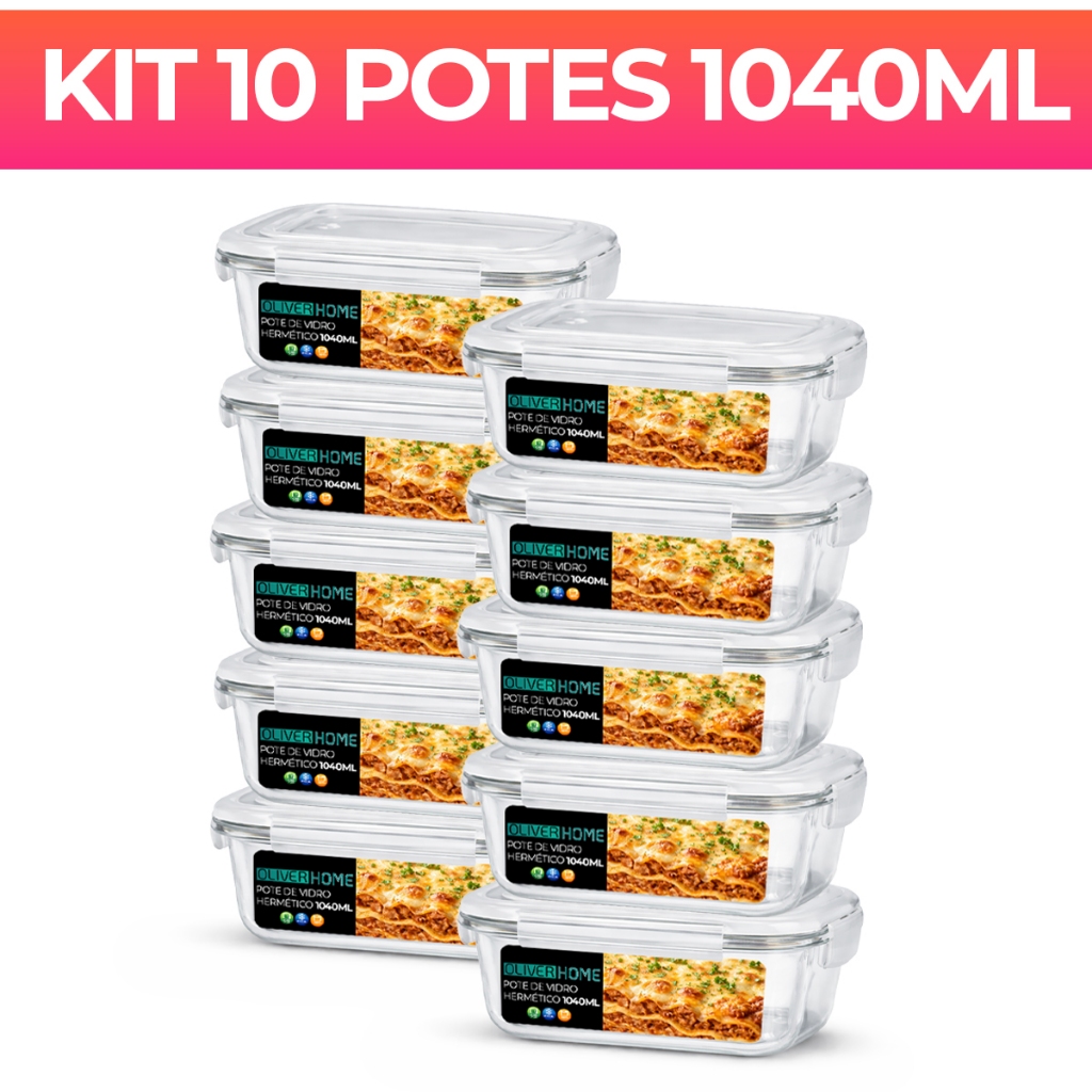 Conjunto Com 10 Potes Vidro 1040ml Hermético Marmita 4 Trava em Oferta na Shopee