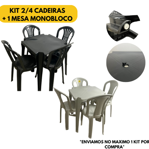 Kit 2-4 Cadeiras Plástica + Mesa Plástica Quadrada Preta/Branca – Sala, Cozinha, Bar, Praia, Piscina