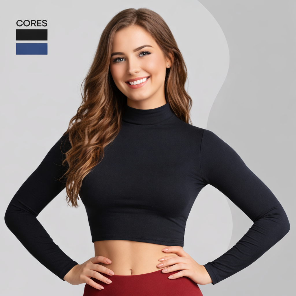Cropped Feminino Manga Longa Gola Alta Microfibra Blusa Academia Segunda Pele Ajustada