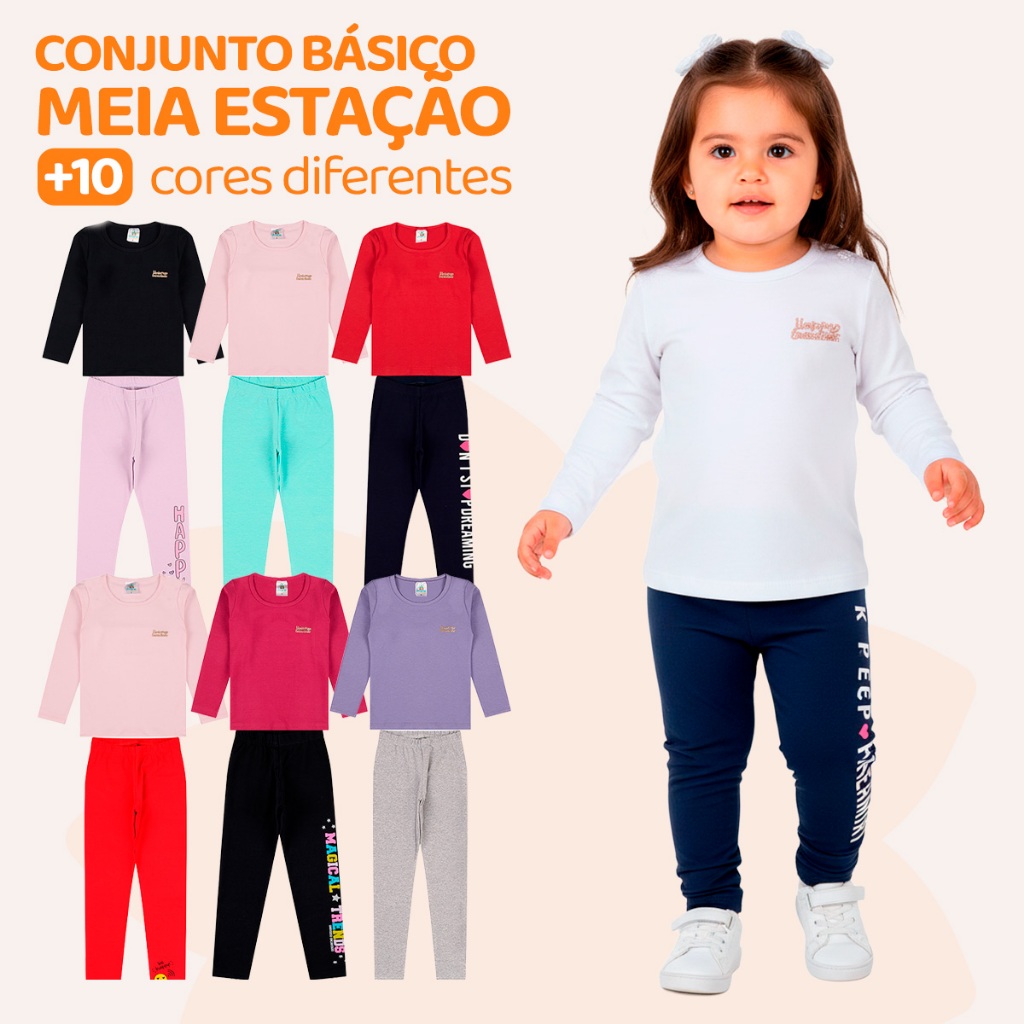 Kit 4 Peças Conjunto Blusa Manga longa e Legging Bebe Menina Infantil