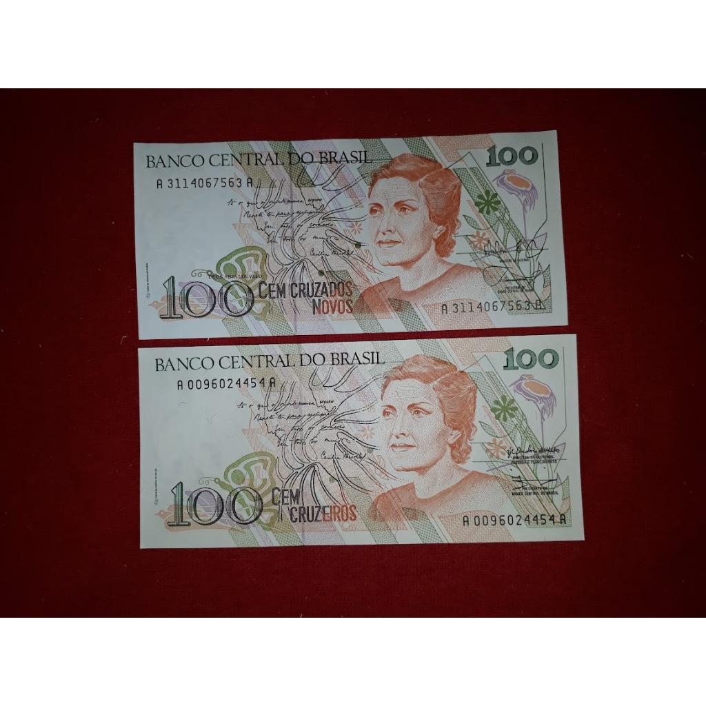 2 Cedulas Brasileiras C 206 100 Cruzados Novos 1989 e C 214 100 Cruzeiros 1990 - Flor de Estampa