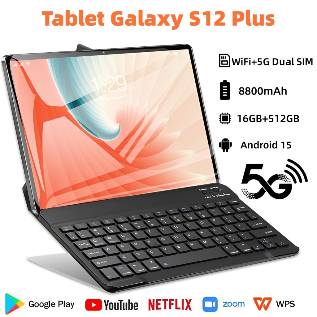 【Teclado e mouse gratuitos】Galaxy S12 Plus Tablet 12,8 polegadas 12 GB + 512 GB 8800 mAh Android 5G Dual-SIM Tablet