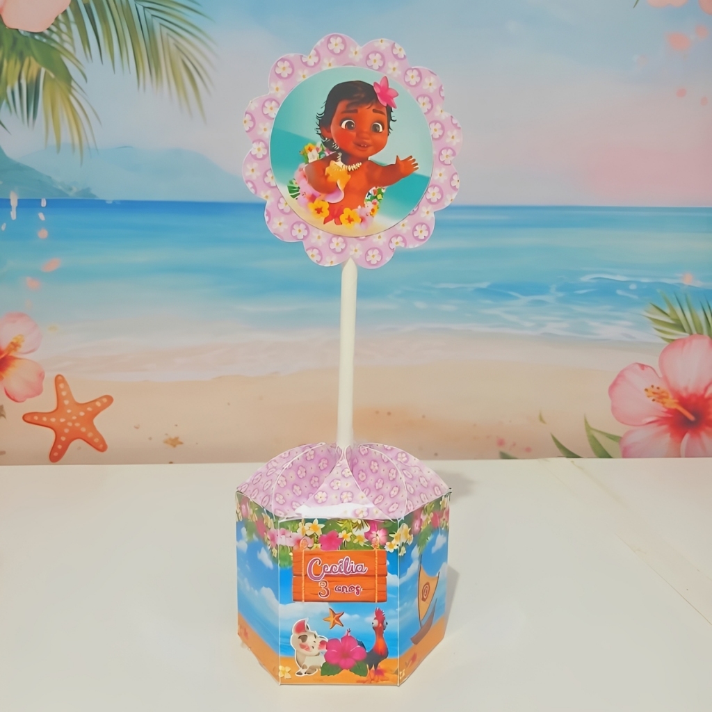 Pegue e Monte / Centro de Mesa Personalizado P - Moana Baby - Caixa Sextavada Festa Aniversário infantil