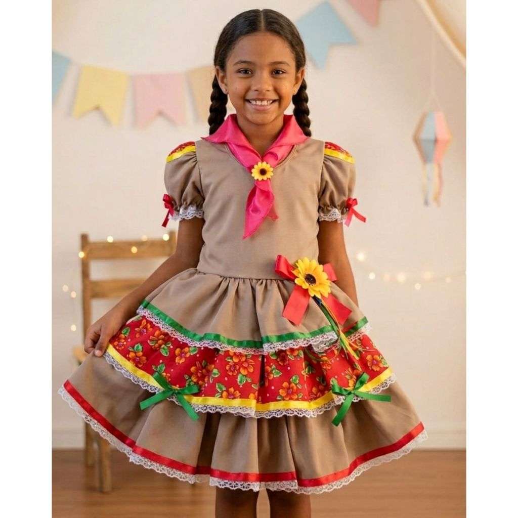 Fantasia Cangaceira Vestido Decorado Colorido Infantil Festa Nordeste Junina Eventos
