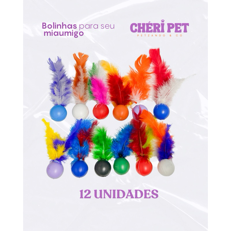 Kit Bolinhas para Gatos com Pena 6 ou 12 Unidades | Brinquedo Interativo Colorido para Gato | Estimula e Anti Estresse