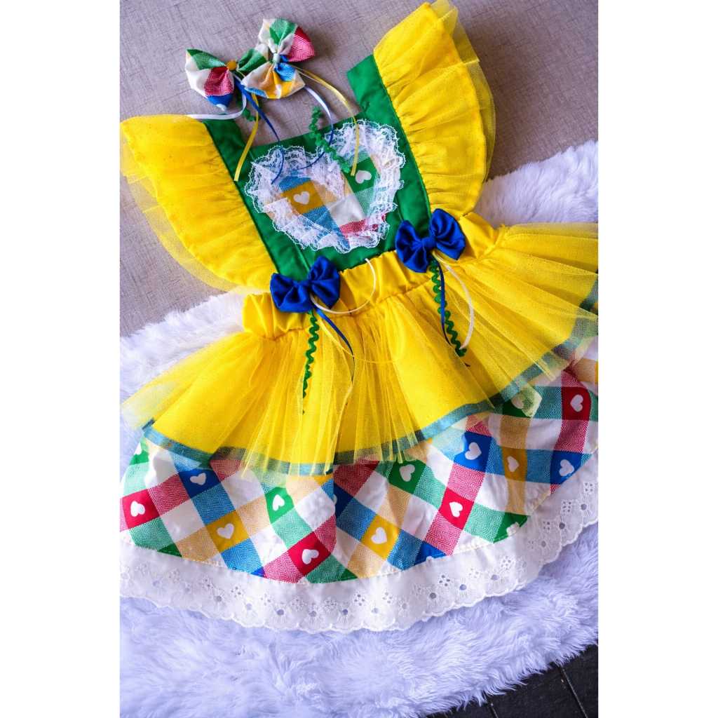 romper junino BRASIL COPA festa junina infantil luxo vestido caipira infantil fantasia caipira bebe