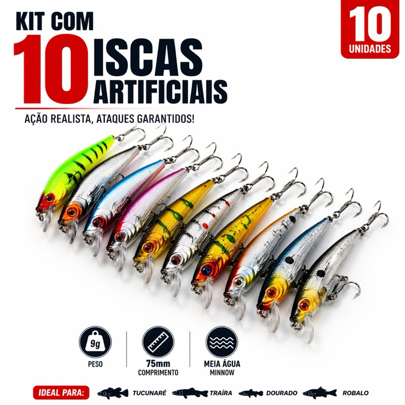 Produto Brasil - Kit 10 Iscas Artificiais 75mm 9g Minnow Meia Água Tucunaré Traíra Dourado
