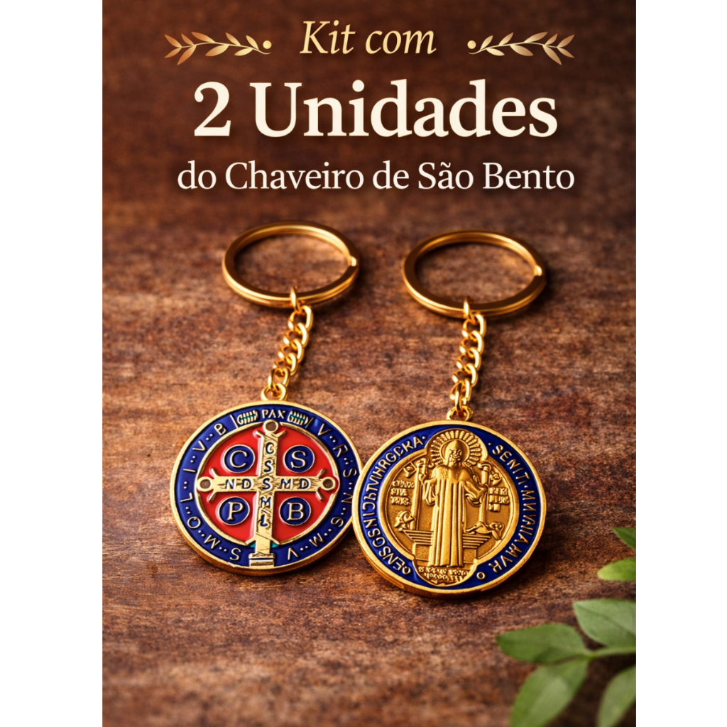 Kit 2 Chaveiros Medalha Escudo São Bento em Metal Dourado, Proteção Espiritual, Frente e Verso, Fé, C S P B