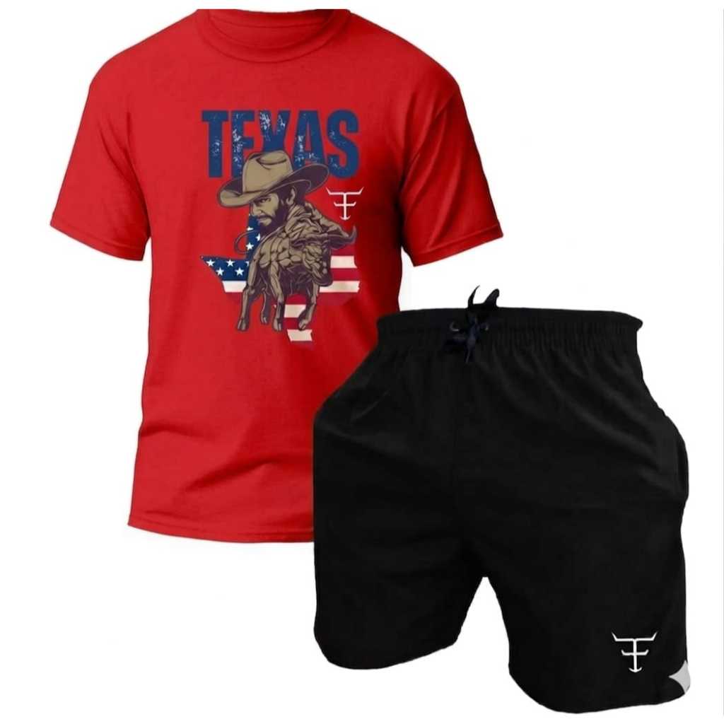 Detalhes do Kit Masculino Casual - Camiseta Texas Cowboy + Bermuda Tactel Premium