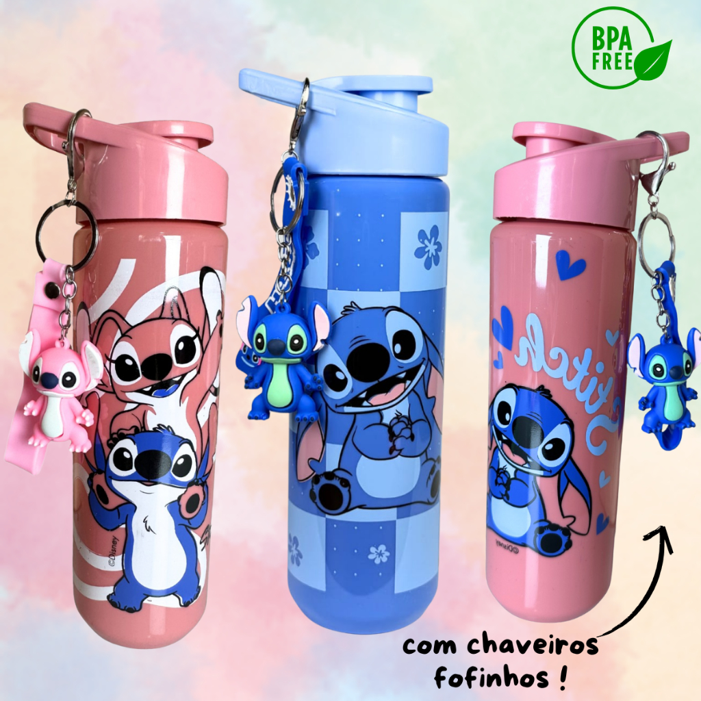 Garrafinha Infantil 700ml do Stitch + Chaveiro  | BPA Free | Escolar | Anti Vazamento |Resistente
