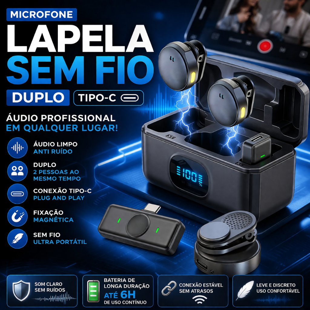 Microfone Lapela Sem Fio Duplo Tipo C Anti Ruído Magnético Para Celular Vídeo Podcast