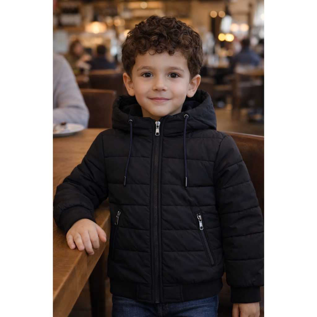 Jaqueta Bobojaco Infantil E Juvenil Veludado Forrada Com Pelo Impermeavel Puffer Preta ,Azul Marinho Com Capuz Removivel