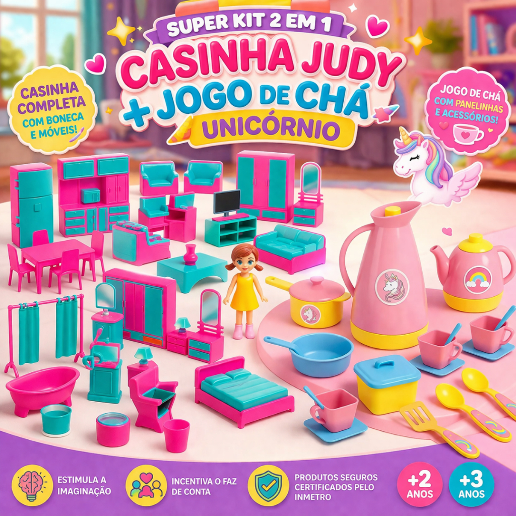 Kit Casinha Judy Completa+Jogo de Chá Unicórnio Infantil Panelinhas Boneca Brinquedo Menina INMETRO