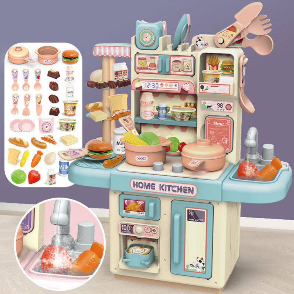Mini Cozinha Infantil Brinquedo com Luz e Sai Água Penteadeira de Brinquedo com até 33 Acessórios