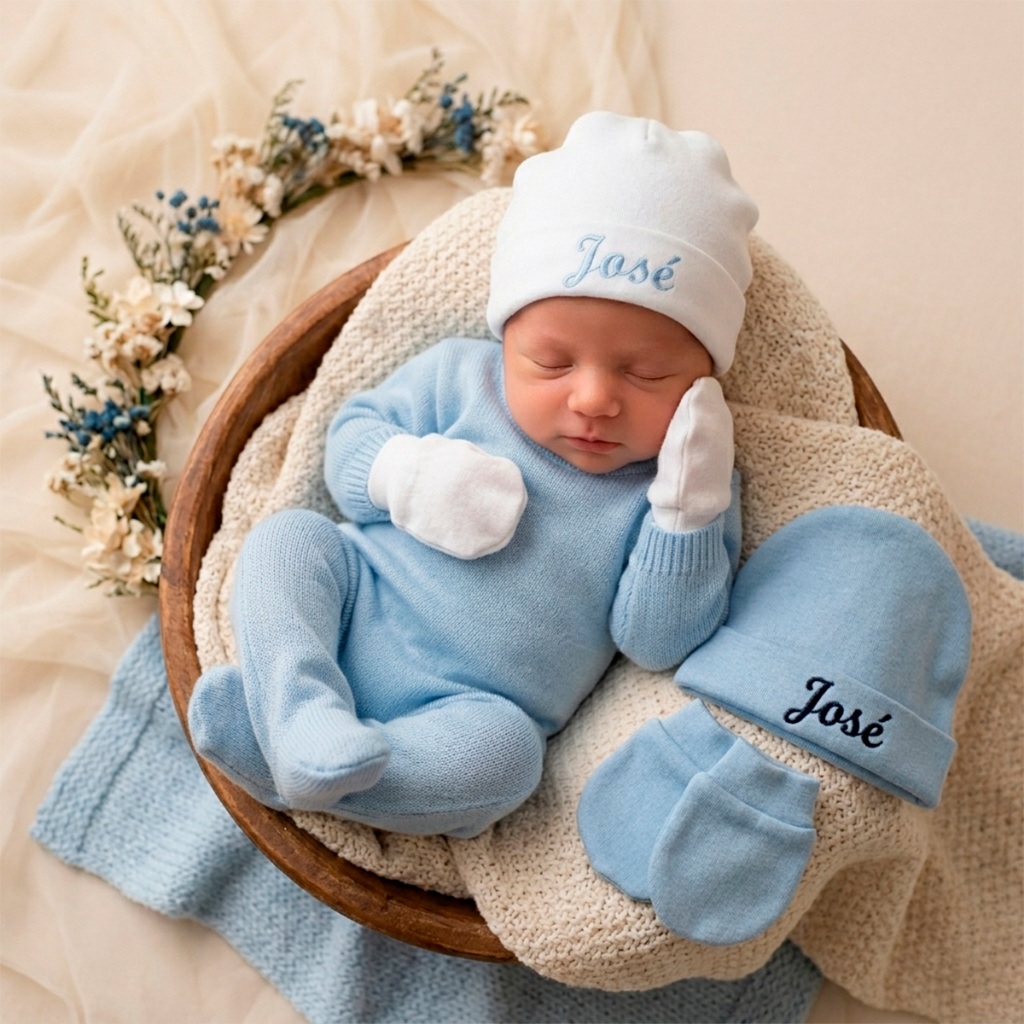 Conjunto de 02 pares Touca Luva Azul e Branco Nome Bordado Bebê Personalizado RN maternidade 4 peças