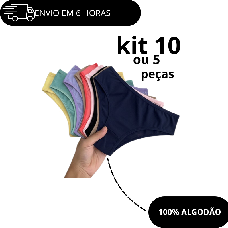 Kit ate 10 Calcinha 100% Algodão Feminina Conforto Lisa Lingerie Mulher Dia a Dia Cores Lisas