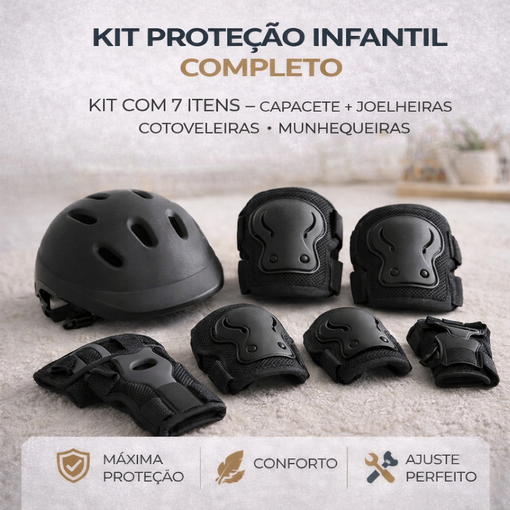 Kit Proteção Infantil 7 Peças Capacete Joelheira Cotoveleira Munhequeira Skate Bike Patins