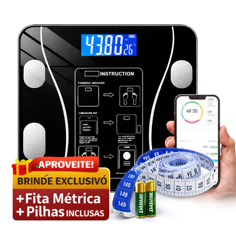 Balança Corporal Bioimpedância Profissional Bluetooth Digital + Fita Métrica e Pilhas