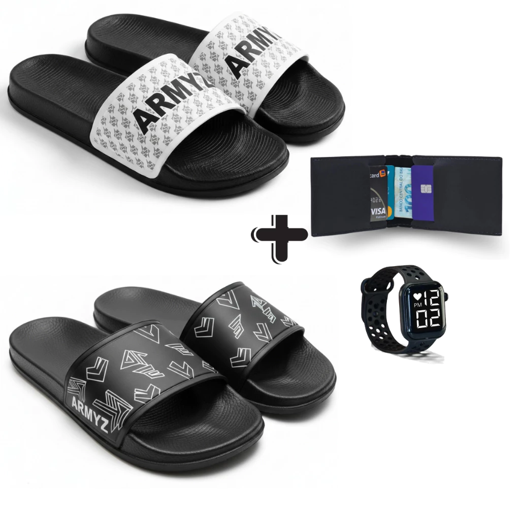 Kit Completo : Dois Chinelos Slide + Relógio Digital + Carteira de Mão — imagem 1