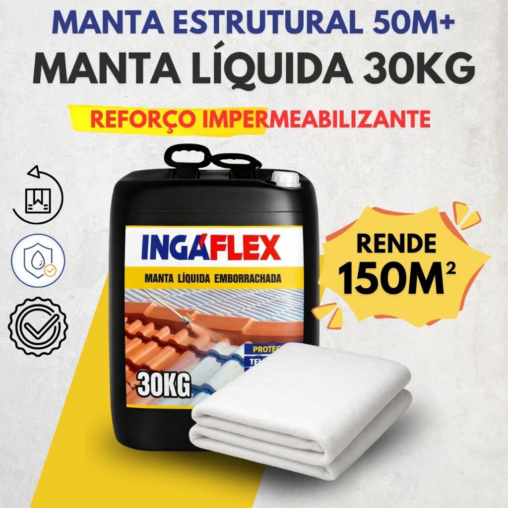 Manta Líquida Emborrachada 30Kg + Manta Estrutural 50m VP50 Reparar Fissuras em Laje e Telhado