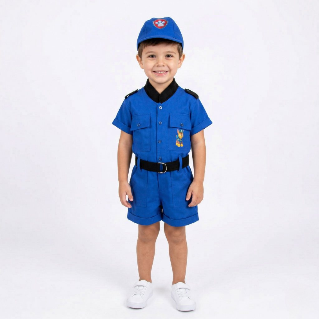 Roupa Infantil Bebê Patrulha Canina Macacão Temático Com Cinto Modelo em Azul Com Boné