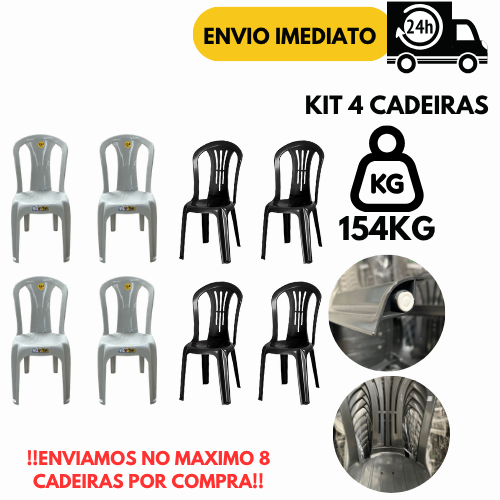 Kit 4 Cadeira Bistrô Branca Preta 154Kg Plástica Resistente P/ Igreja Jardim Escritório Bar Piscina