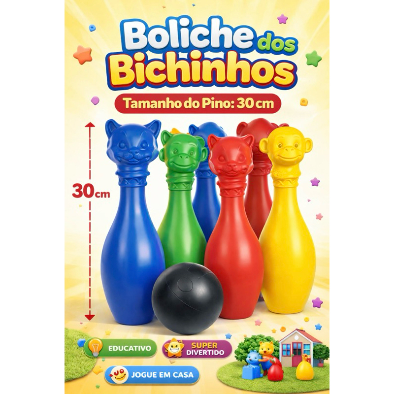 Jogo de Boliche Infantil Grande 30cm – Boliche dos Bichinhos com 6 Pinos + Bola | Brinquedo Educativo