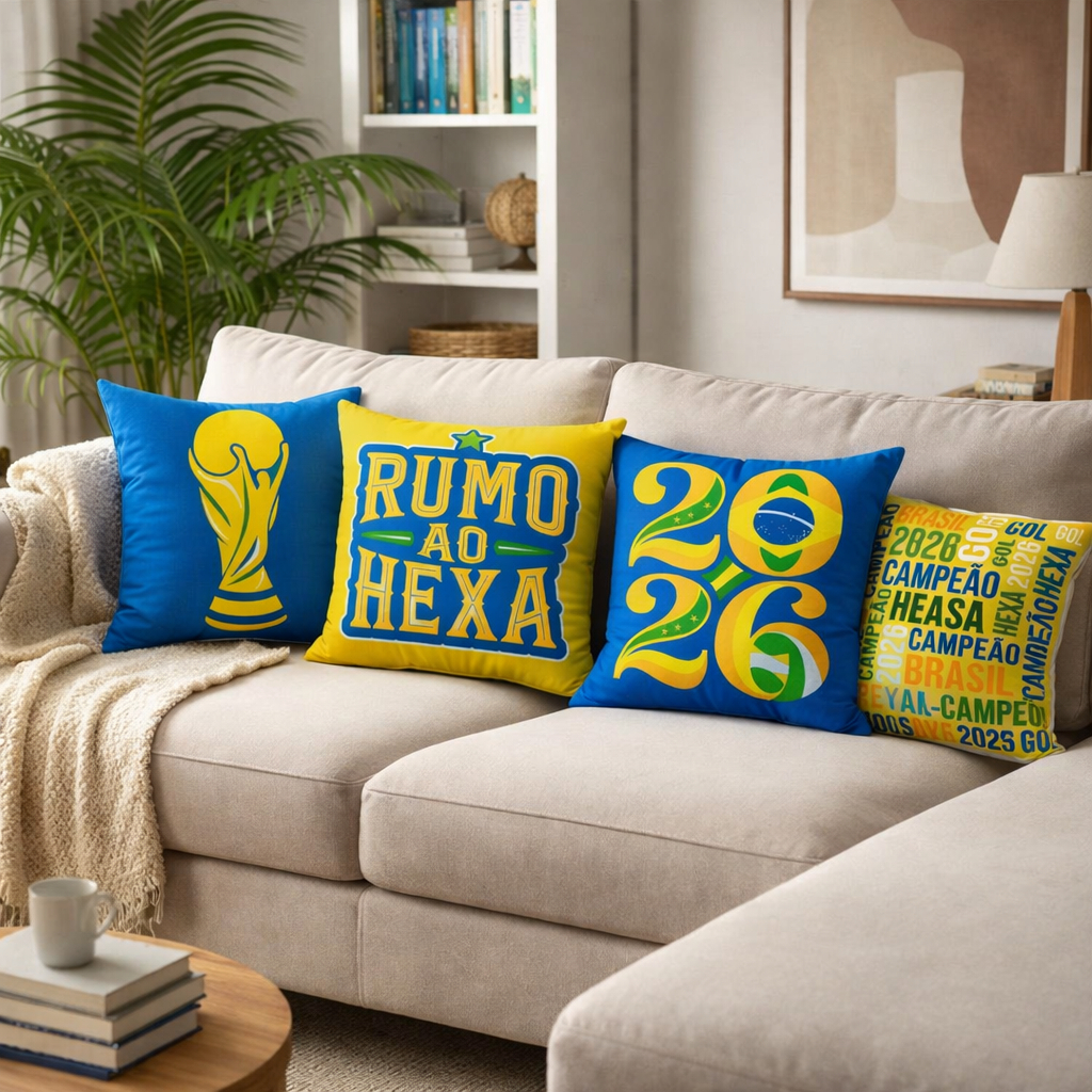 Kit 4 Capas De Almofada Decorativas Poliéster 40x40cm Seleção Brasileira Copa 2026 Sublimação