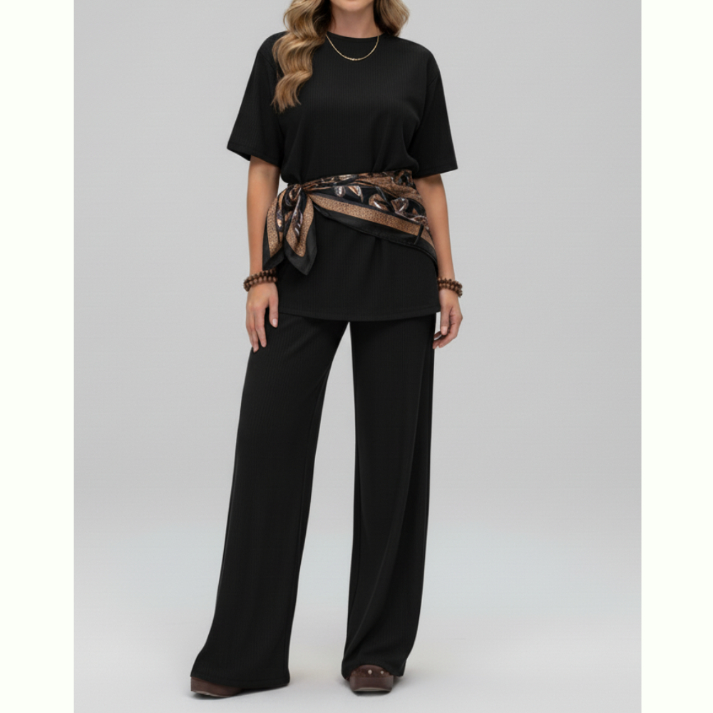 Conjunto Feminino Premium: Calça Pantalona & Blusa T-shirt - O Look Versátil & Despojado (NÃO ACOMPANHA LENÇO ACESSORIO) em Oferta na Shopee