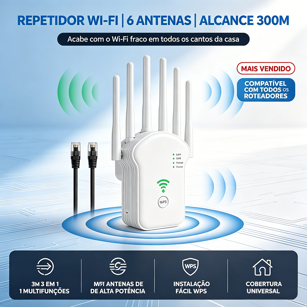 Repetidor Wi-Fi 1200Mbps com 6 Antenas – Roteador e Amplificador de Sinal 3 em 1, Alcance de 300m