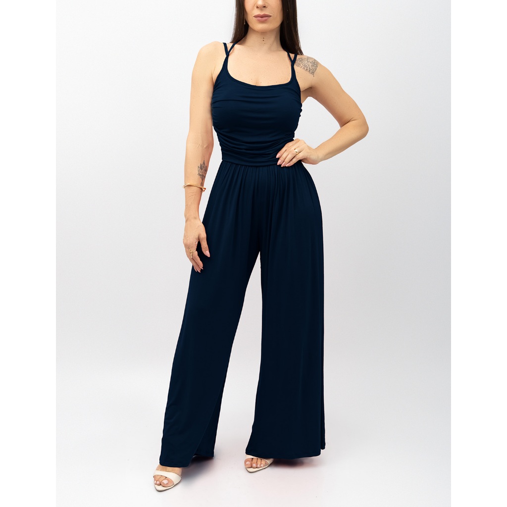 Macacão Casual Feminino Alça Dupla Modelagem Pantalona Soltinho Perna Longa Elegante