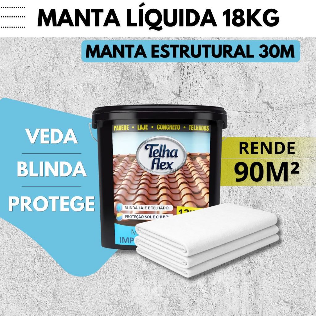 Manta Líquida Emborrachada 18kg + Manta Estrutural VP50 30m Para Parede com Umidade e Mofo