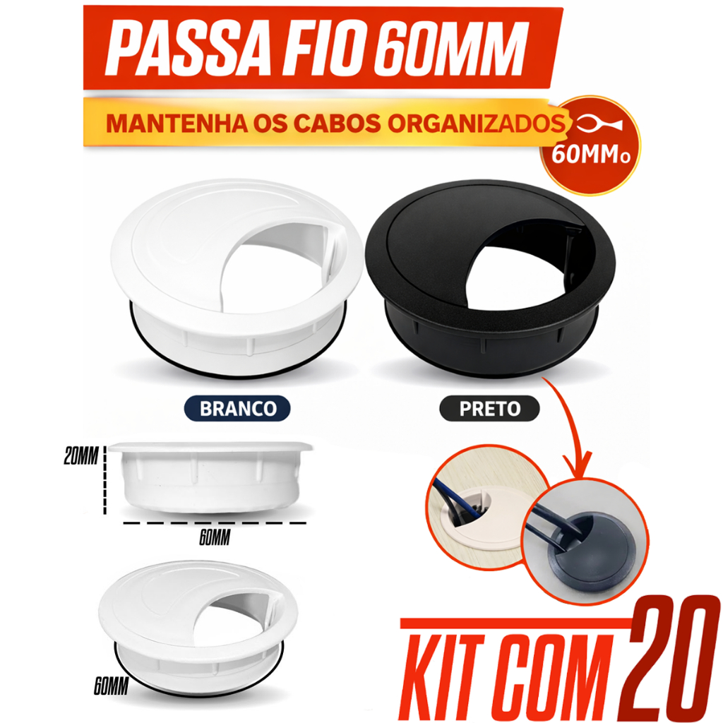 Kit 20 Unidade Passa Fio Cabo Branco 60mm Acabamento Mesa Escritorio Computador de Alta Qualidade em Oferta na Shopee