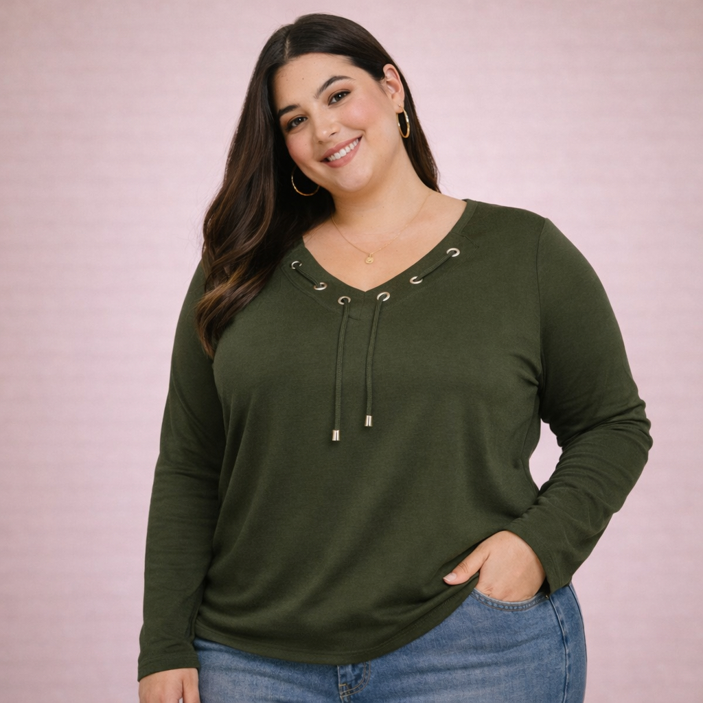 Blusa Feminina De Frio Manga longa Decote V Ilhós Plus Size 42 ao 52  Inverno 2026