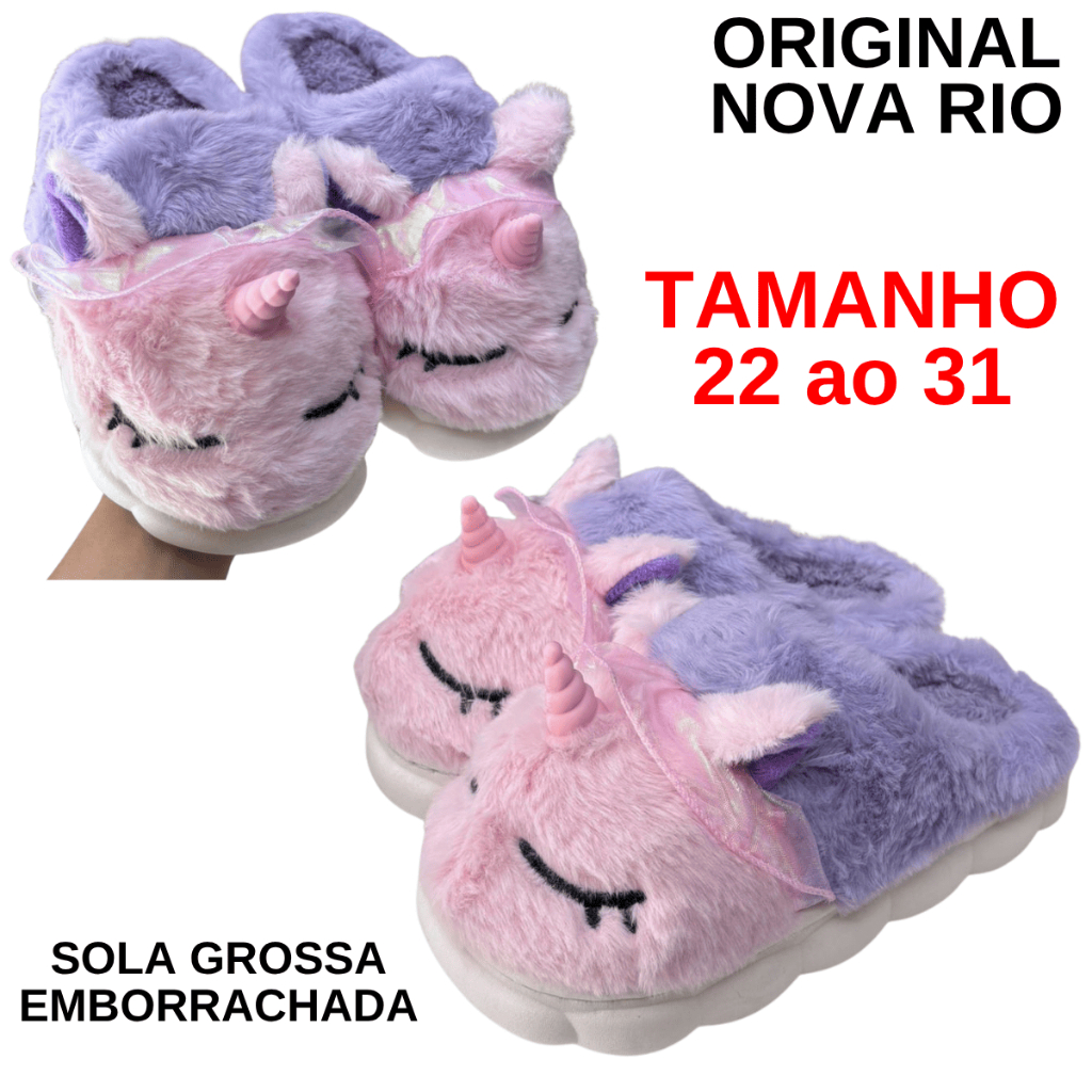 Pantufa Inverno Infantil e Bebê Unicórnio Roxo 3d Sola Antiderrapante Menina Chinelo de Quarto Tamanho 22 ao 31 em Oferta na Shopee