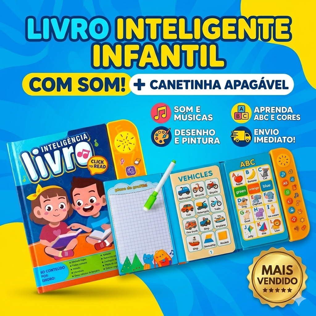 Livro de Aprendizado Infantil Menino e Menina Inteligente Som Luz Canetinha Apagável