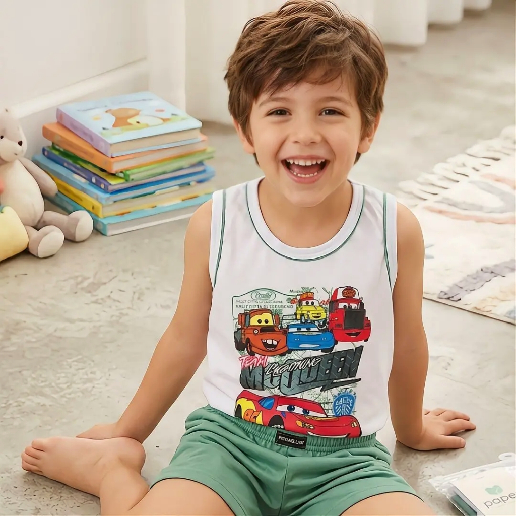Pijama Infantil Masculino Regata + Shorts Confortável Verão Menino em Malha Fresquinha
