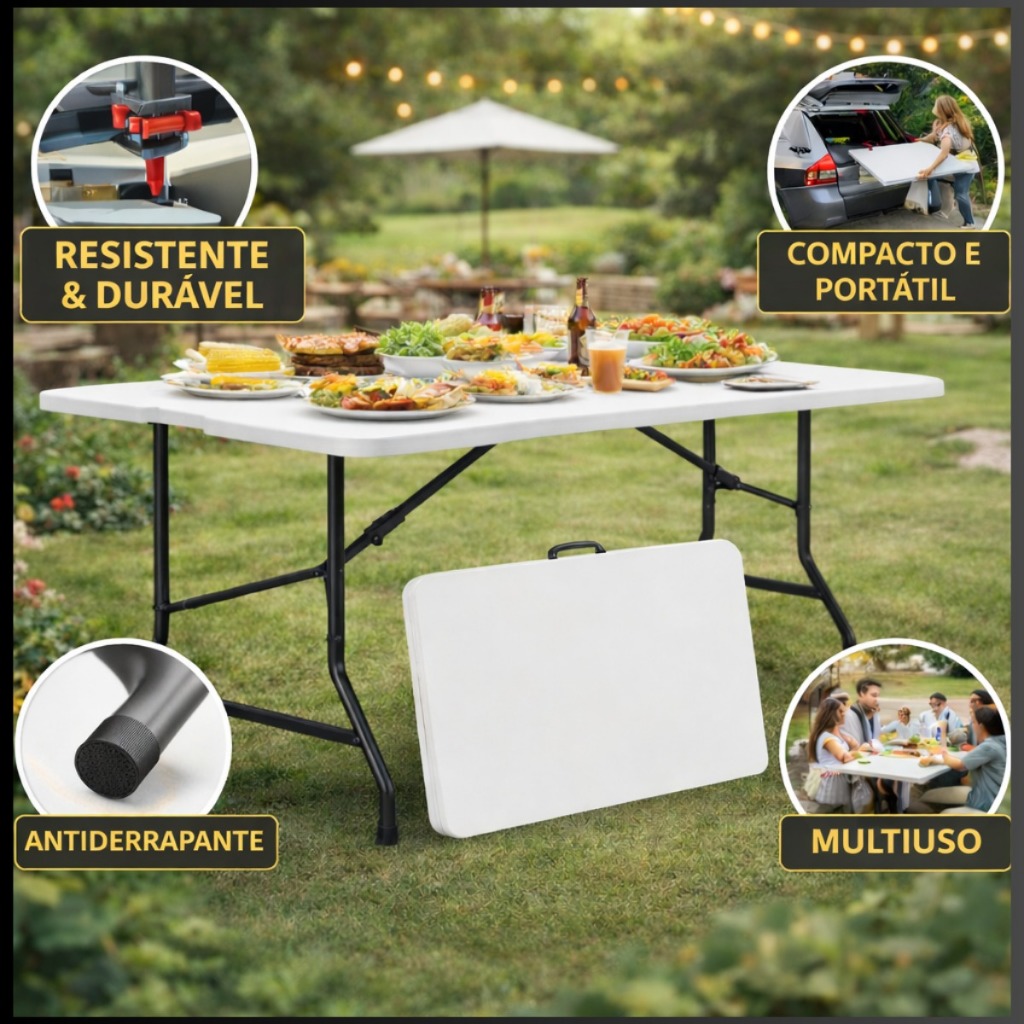 Mesa Dobrável Portátil 1,80m Vira Maleta com Alça Camping Churrasco Festa e Jardim Aço Reforçado