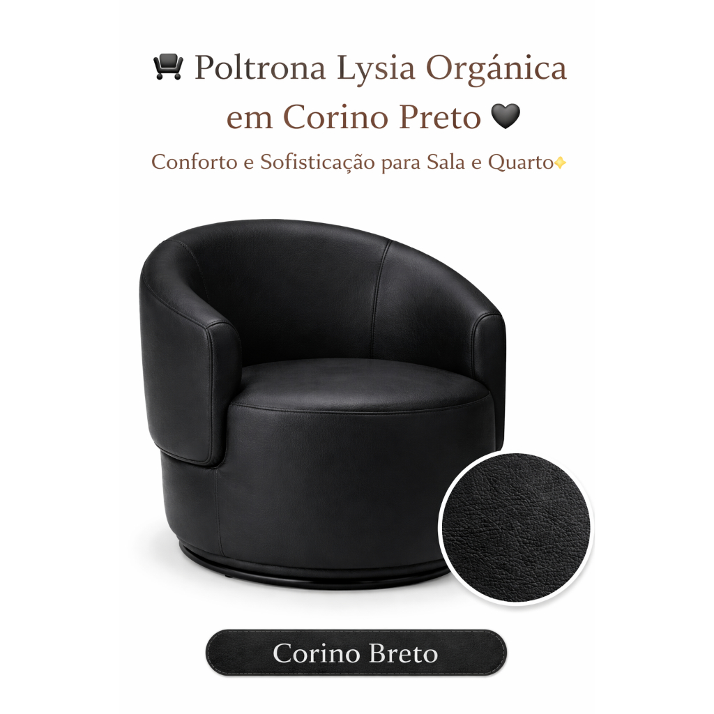 🪑 Poltrona Lysia Corino Preto 🖤 Design Orgânico Luxo Conforto Sala Quarto Decoração
